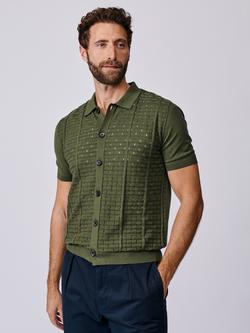 Aubin Manor Textured Cotton Knit Button Through Short Sleeve Polo Shirt, Khaki, Khaki