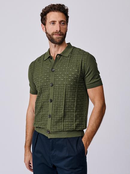 Aubin Manor Textured Cotton Knit Button Through Short Sleeve Polo Shirt, Khaki, Khaki