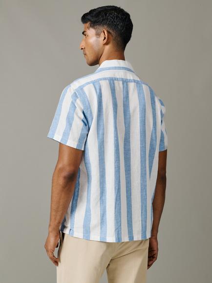 Aubin Abbey Cotton-Linen Broad Stripe Shirt, Blue - view 2, Blue