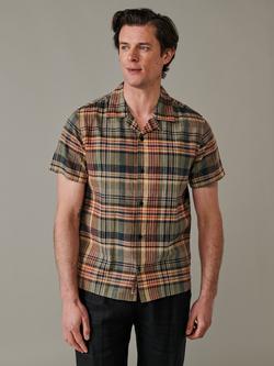 Aubin Abbots Check Button Through Short Sleeve Cotton Linen Blend Shirt, Khaki, Khaki