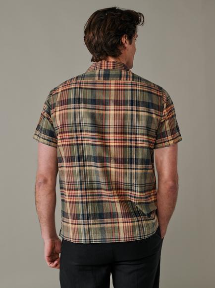 Aubin Abbots Check Button Through Short Sleeve Cotton Linen Blend Shirt, Khaki - view 2, Khaki
