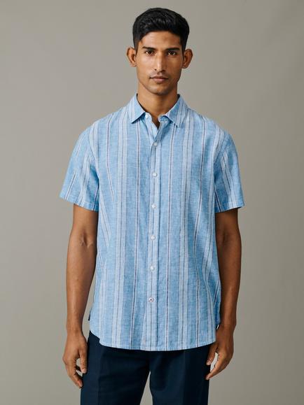 Aubin Austin Stripe Linen Blend Short Sleeve Shirt, Blue