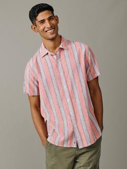 Aubin Austin Stripe Linen Blend Short Sleeve Shirt, Coral