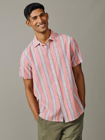 Aubin Austin Stripe Linen Blend Short Sleeve Shirt, Coral