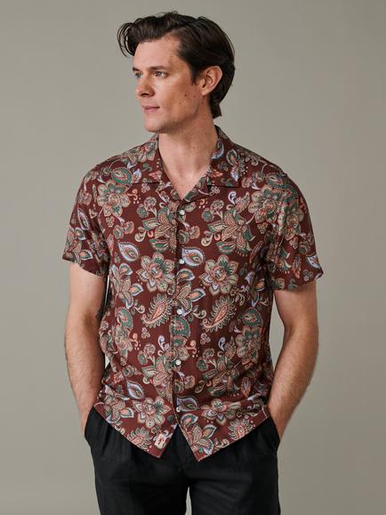 Aubin Belmont Paisley Button Through Short Sleeve Shirt, Brown, Brown