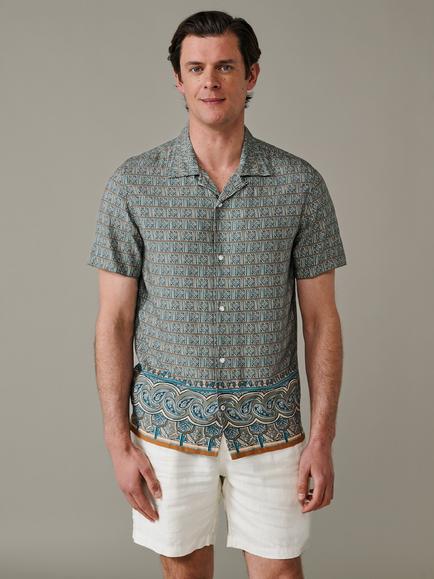 Aubin Belmont Tile Paisley Button Through Short Sleeve Shirt, Blue/Multi, Blue/Multi