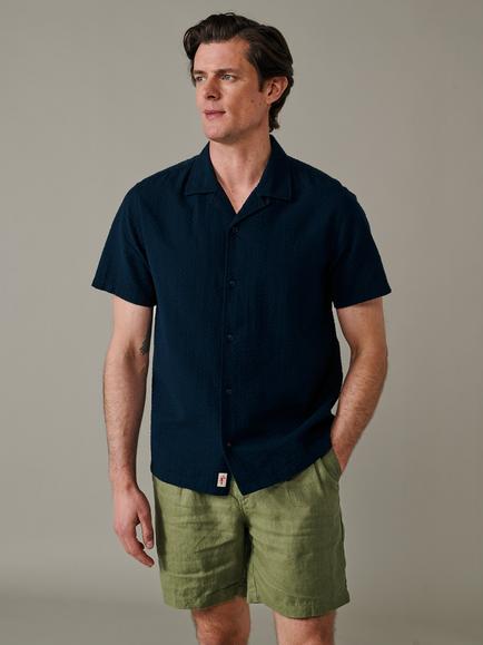 Aubin Brambling Button Through Short Sleeve Cotton Linen Blend Shirt, Navy