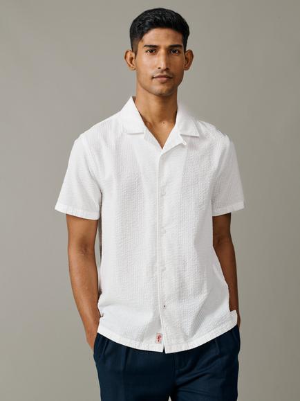 Aubin Brambling Button Through Short Sleeve Cotton Linen Blend Shirt, Vintage White