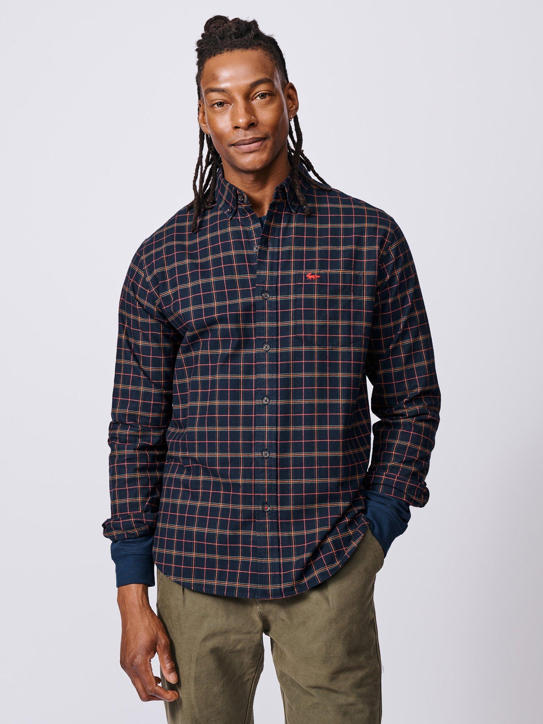 Product image 1 of 5, which shows Aubin Merton Check Brushed Cotton Button Down Oxford Shirt, Navy/Multi, S