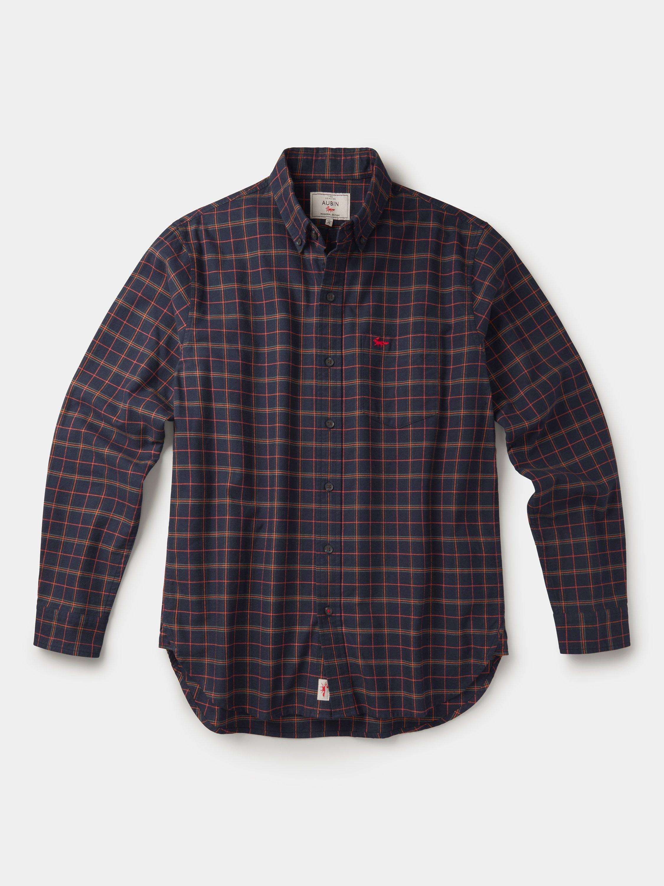Product image 5 of 5, which shows Aubin Merton Check Brushed Cotton Button Down Oxford Shirt, Navy/Multi, S