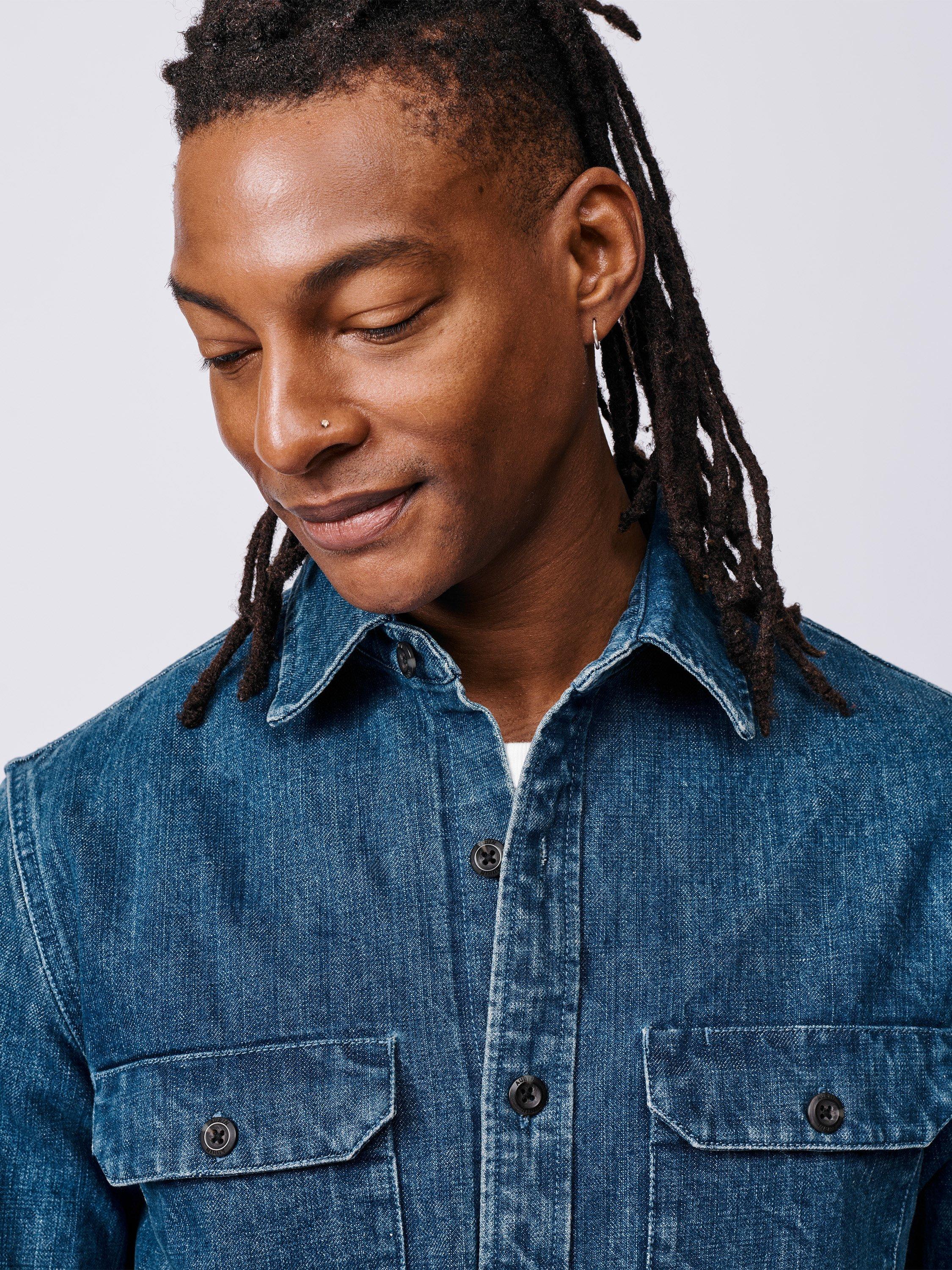 Product image 3 of 6, which shows Aubin Morely Selvedge Denim Overshirt, Washed Denim, S