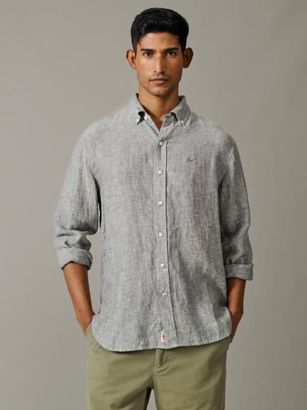Aubin Worlaby Linen Long Sleeve Plain Shirt, Khaki