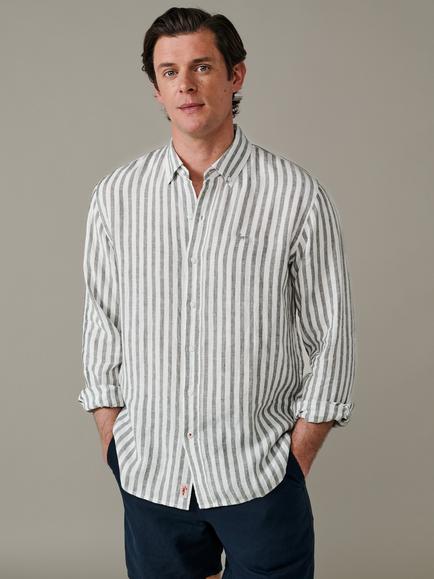 Aubin Worlaby Linen Long Sleeve Stripe Shirt, Khaki