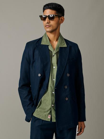 Aubin Northfield Linen Cotton Blend Double Breasted Blazer, Navy Hopsack, Navy Hopsack