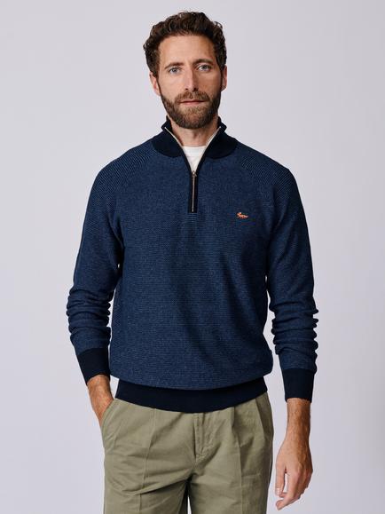 Aubin Bonby Cotton Zip-Neck Jumper, Navy/Multi, Navy/Multi