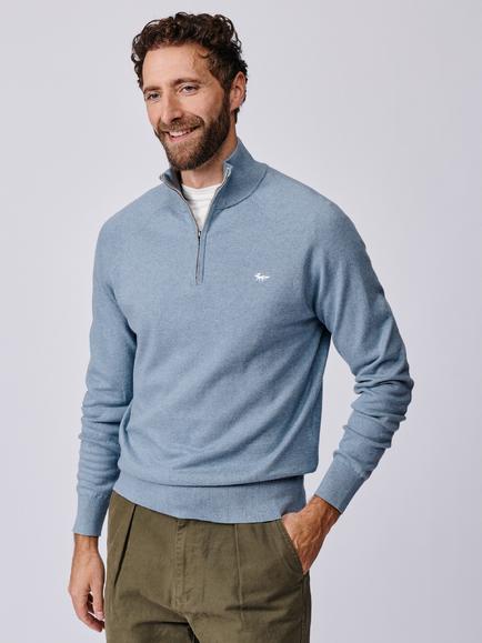 Aubin Bonby Zip Neck Cotton Jumper, Pale Blue
