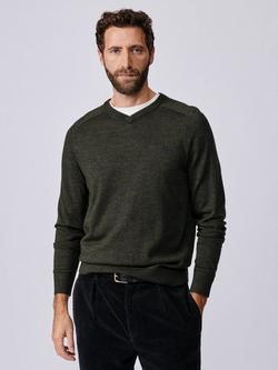 Aubin Burnham Extra Fine Merino Wool V-Neck Jumper, Dark Khaki