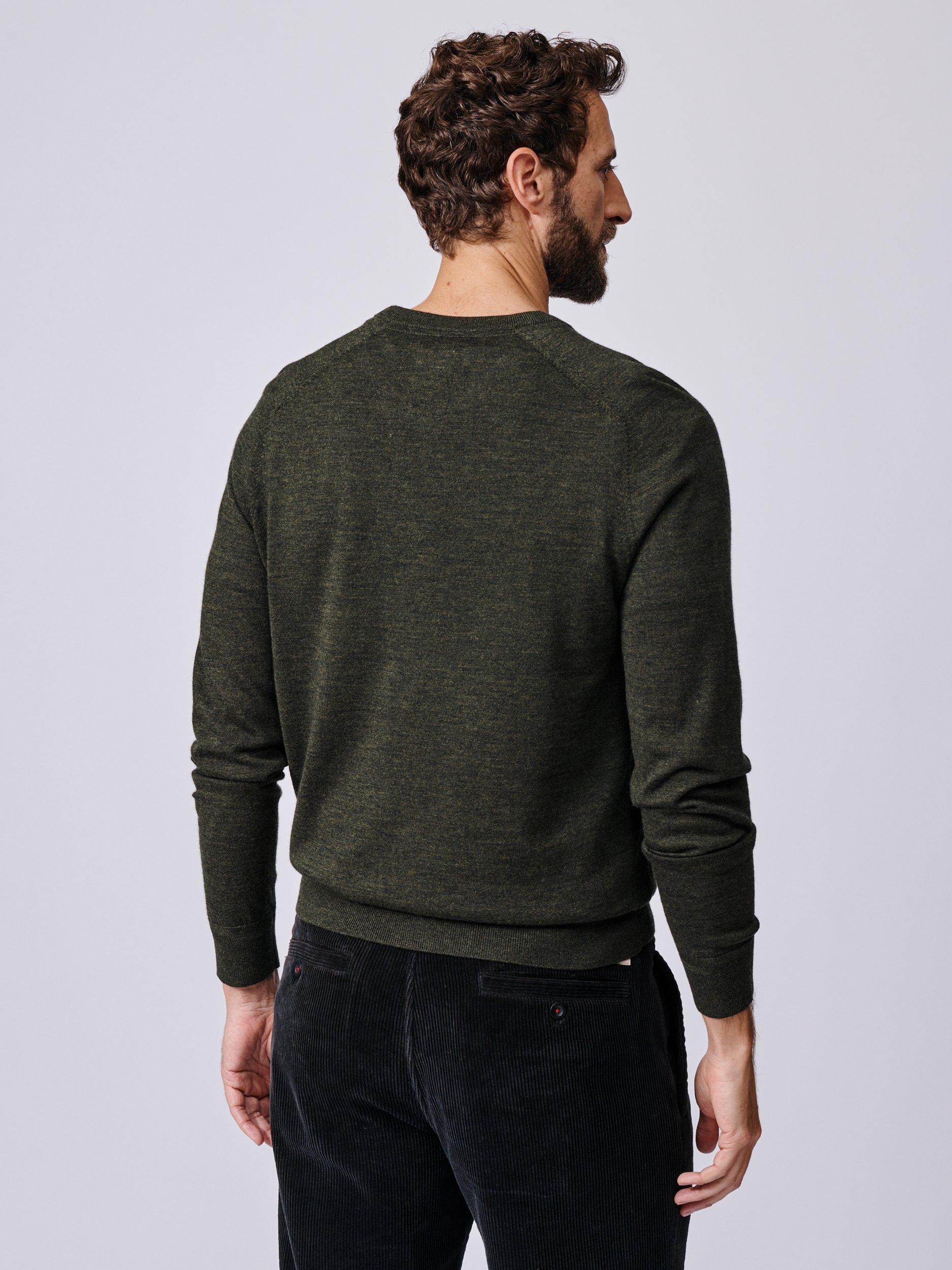 Product image 2 of 6, which shows Aubin Burnham Extra Fine Merino Wool V-Neck Jumper, Dark Khaki, S