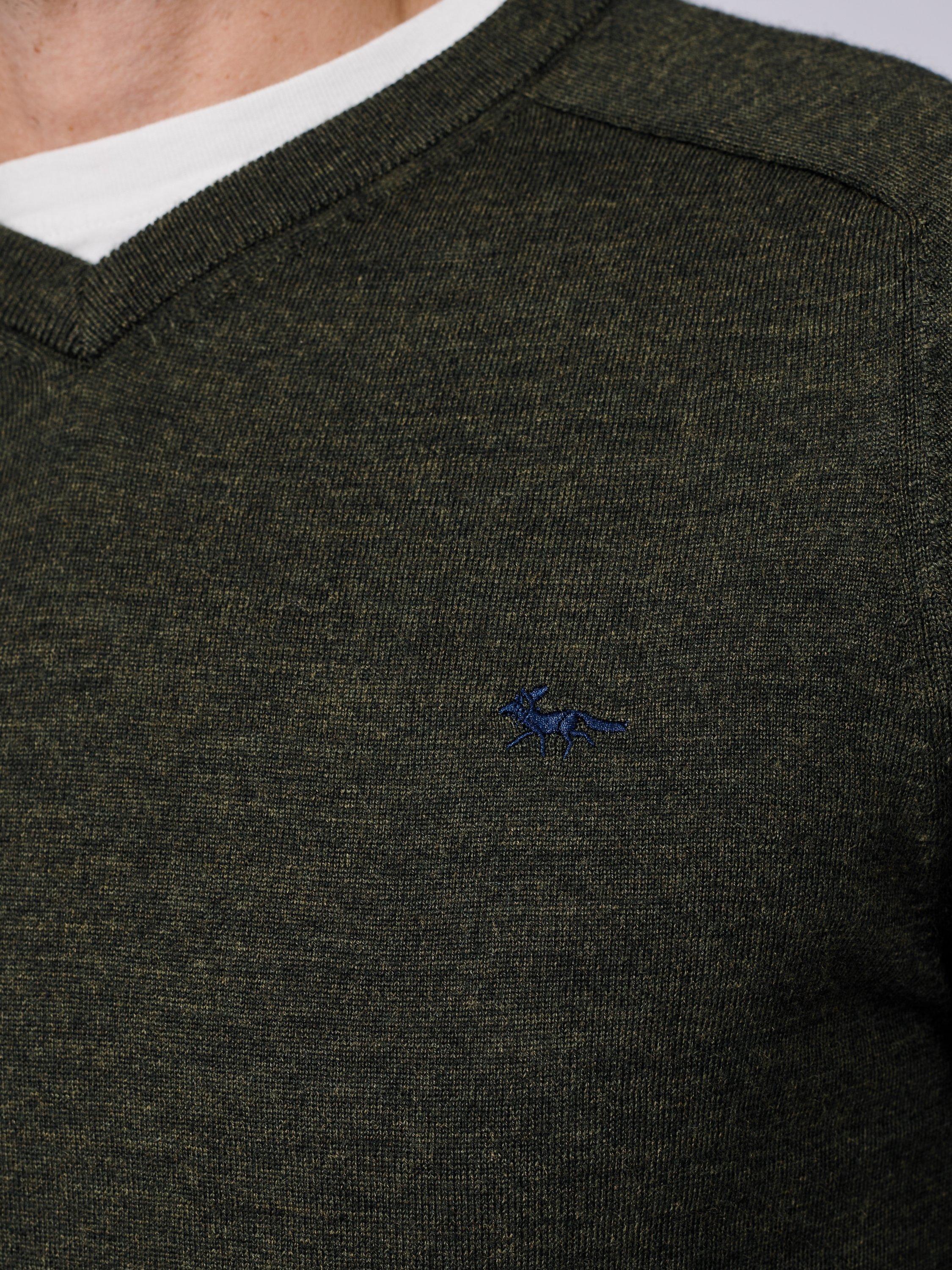 Product image 4 of 6, which shows Aubin Burnham Extra Fine Merino Wool V-Neck Jumper, Dark Khaki, S