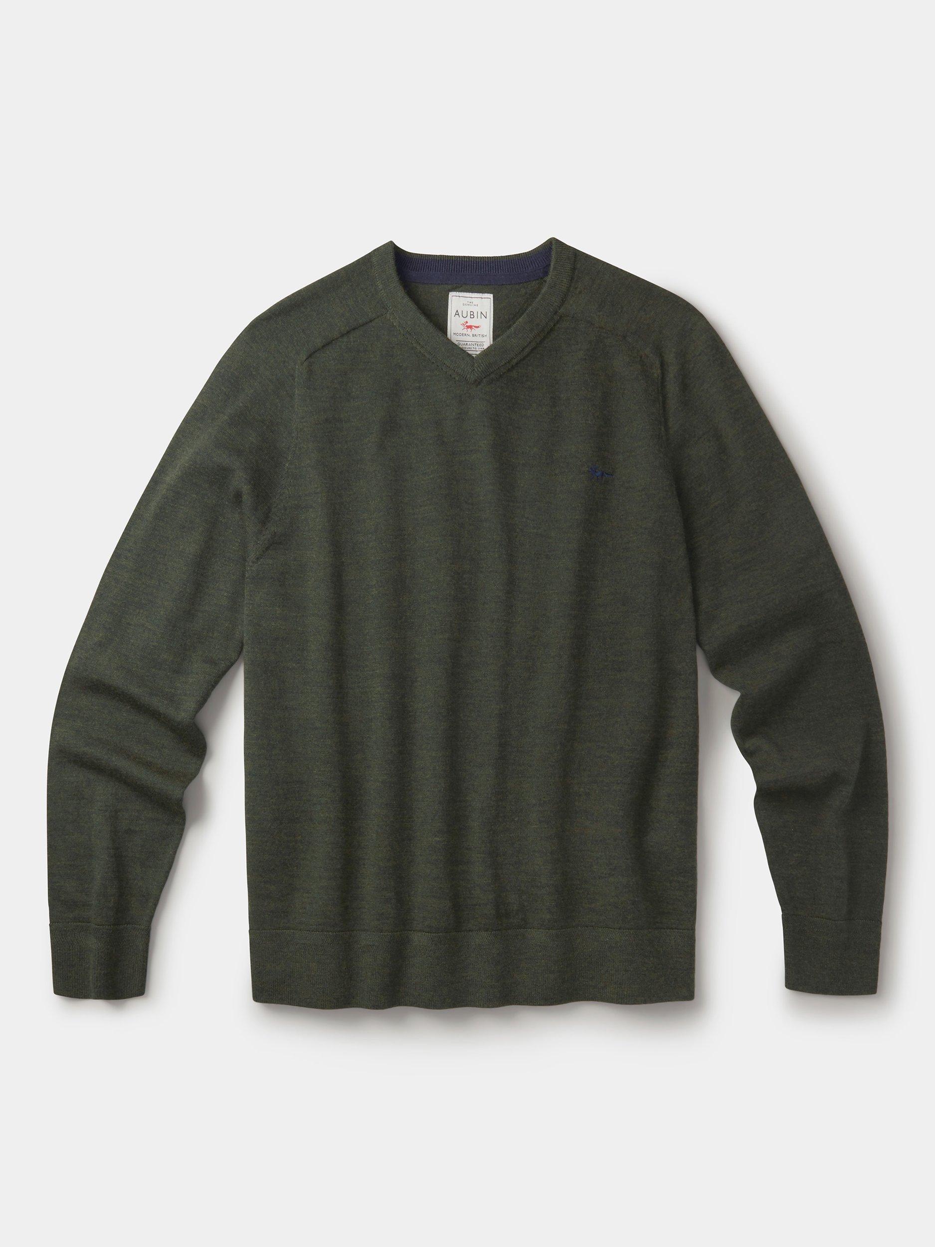 Product image 6 of 6, which shows Aubin Burnham Extra Fine Merino Wool V-Neck Jumper, Dark Khaki, S