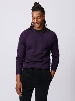 Aubin Burnham Extra Fine Merino Wool V-Neck Jumper, Dark Purple