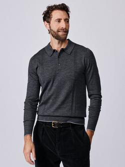 Aubin Elm Extra Fine Knit Merino Wool Textured Long Sleeve Polo Shirt, Dark Charcoal, Dark Charcoal