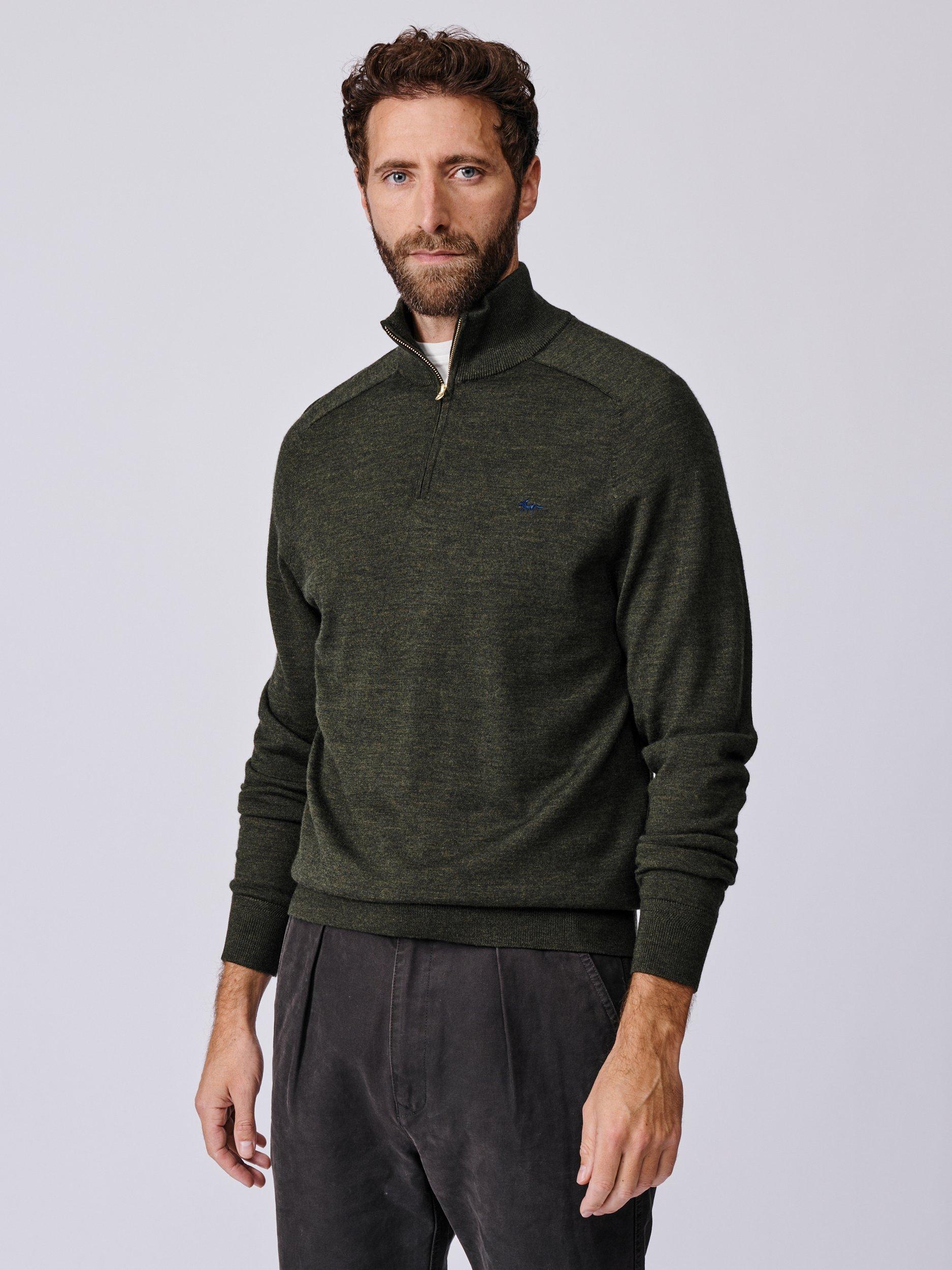 Product image 1 of 6, which shows Aubin Laurel Extra Fine Merino Wool Zip Neck Jumper, Dark Khaki, S