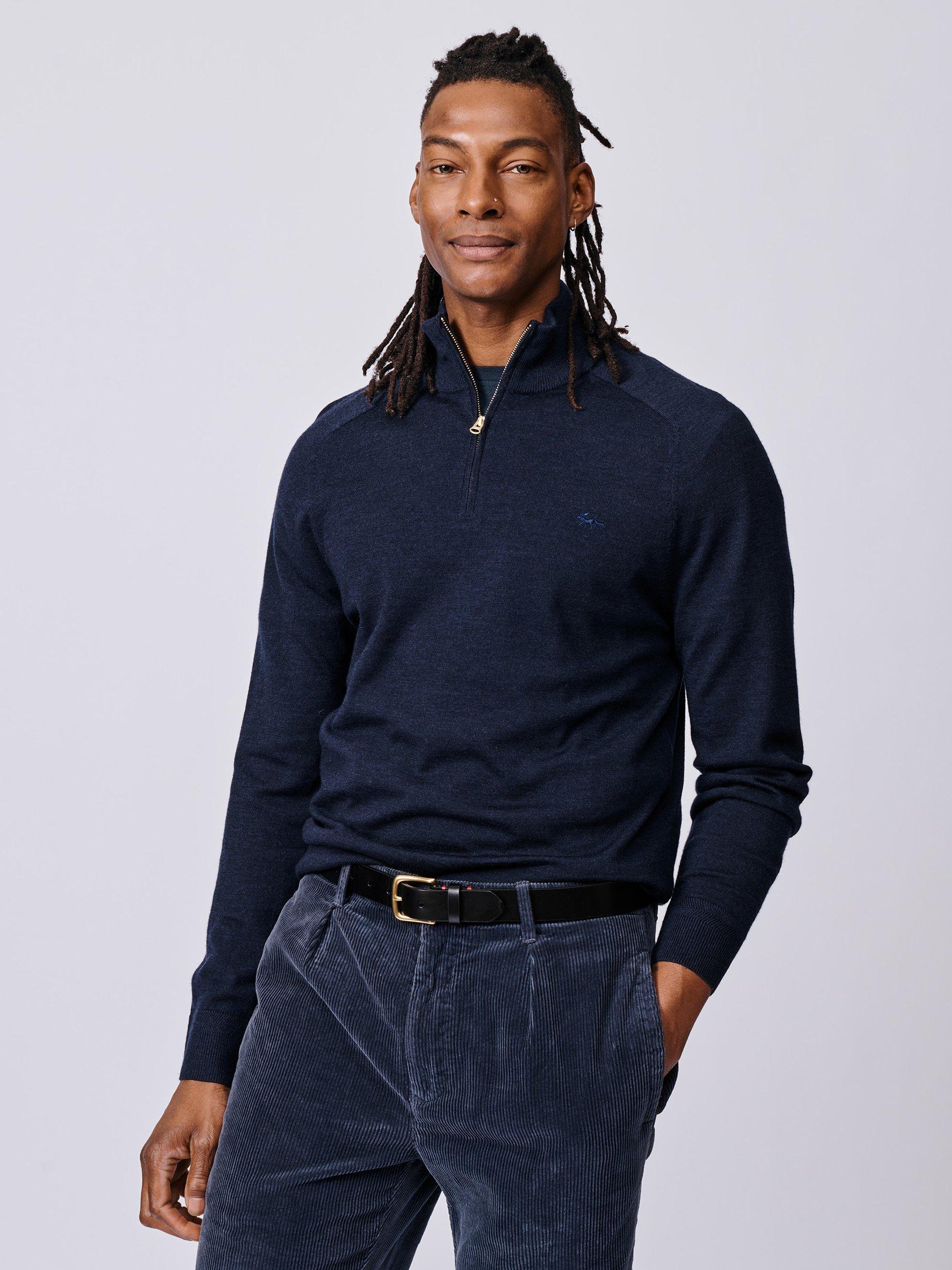 Product image 1 of 6, which shows Aubin Laurel Extra Fine Merino Wool Zip Neck Jumper, Navy, S