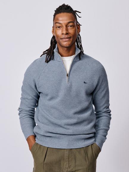 Aubin Owmby Cotton Wool Blend Zip Neck Jumper, Pale Blue, Pale Blue