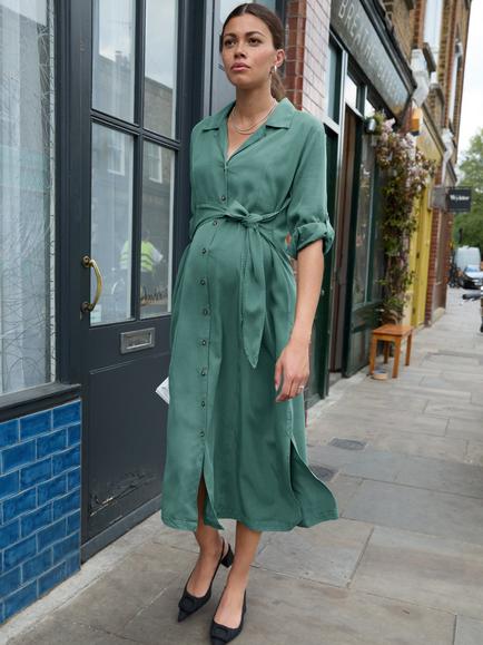Isabella Oliver Kelsy Shirt Maternity Dress containing TENCEL™ Lyocell, Khaki, Khaki