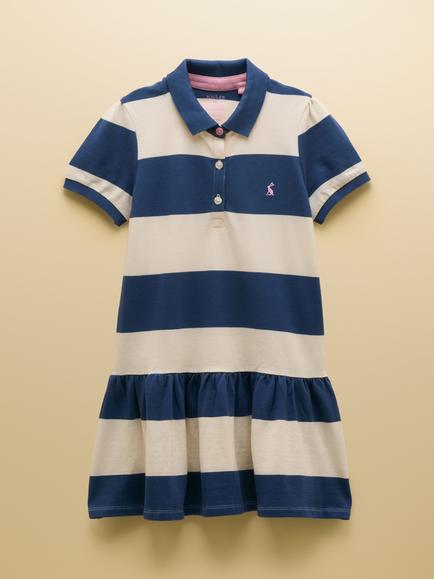 Joules Kids' Cotton Striped Polo Shirt Dress, Navy/White