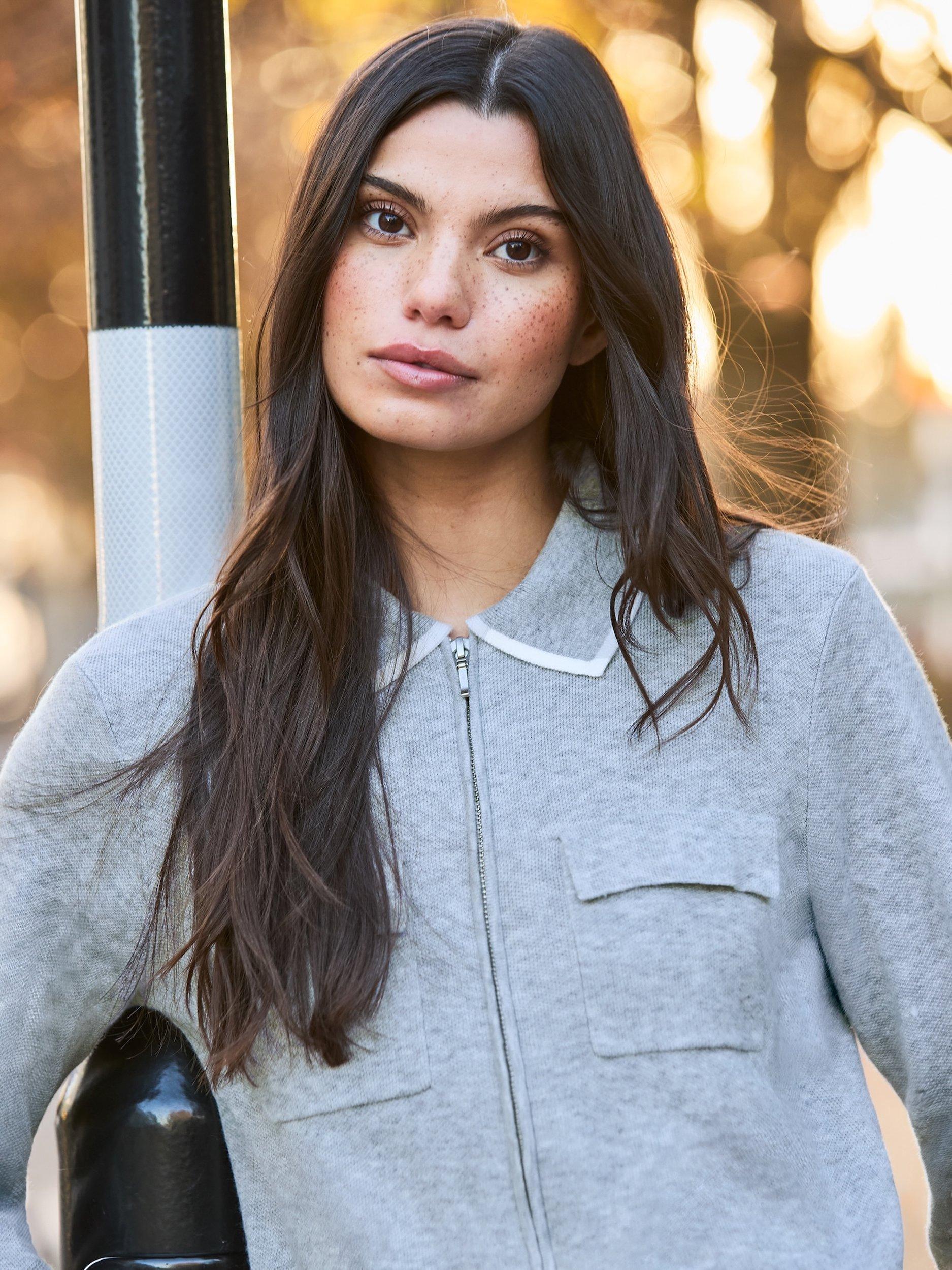 Product image 2 of 6, which shows Ro&Zo Knit Zip Front Cardigan, Grey, XS