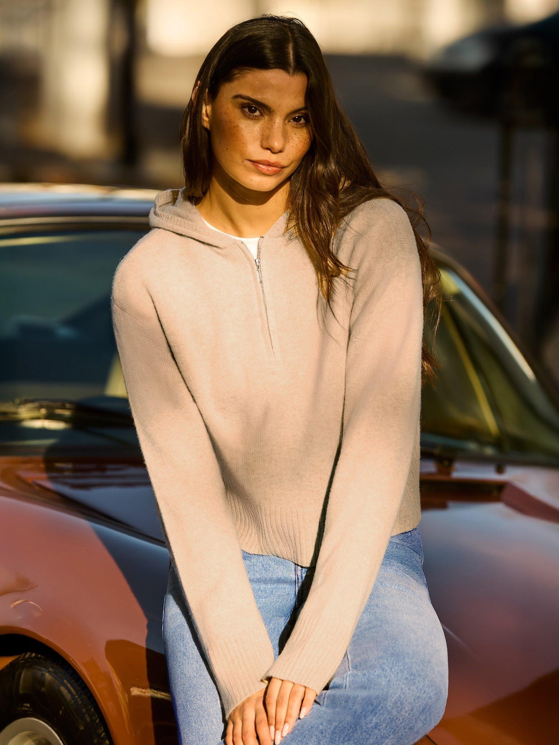 Product image 1 of 7, which shows Ro&Zo Half Zip Pure Wool Hoodie, Natural, XS