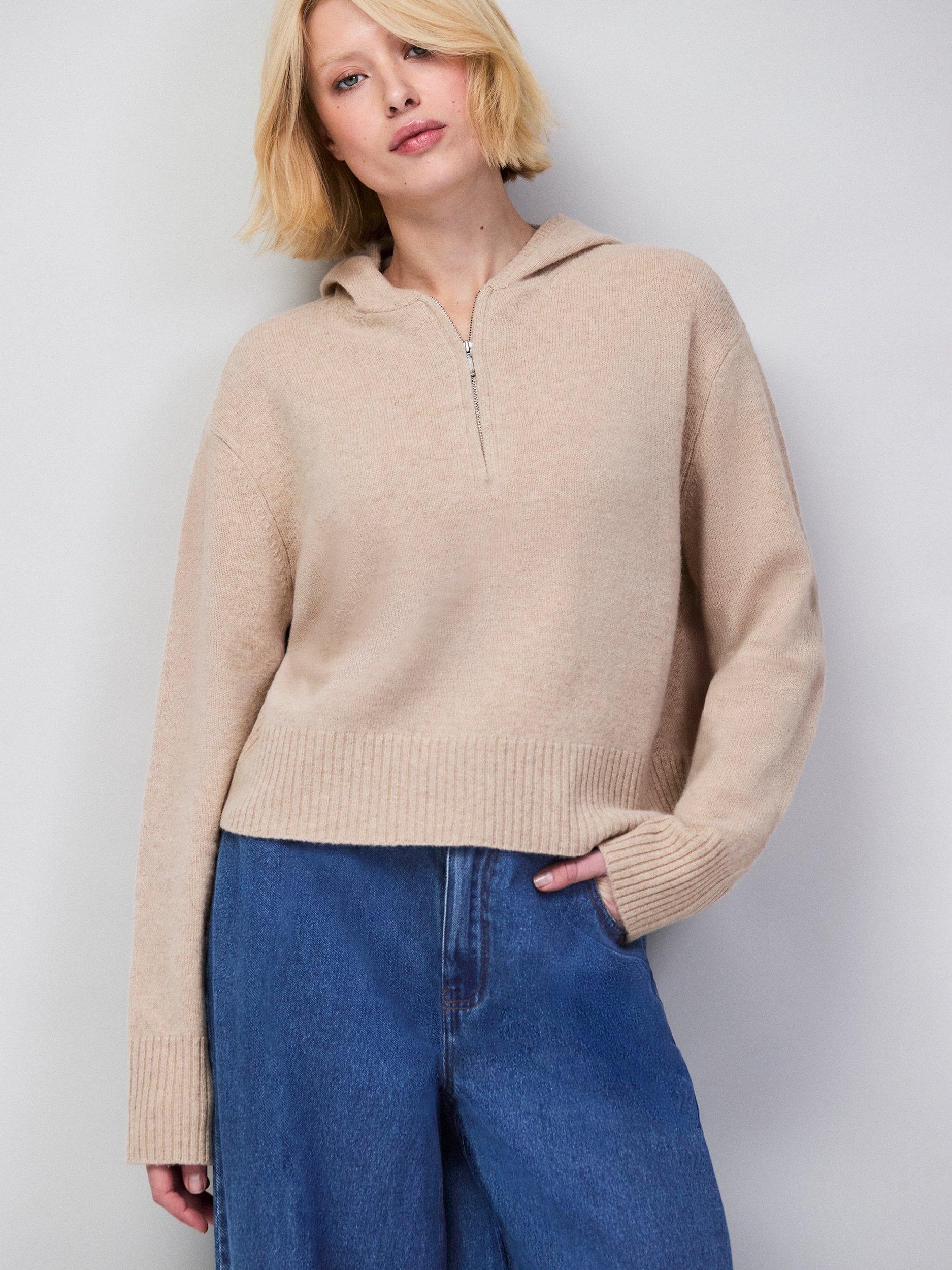 Product image 4 of 7, which shows Ro&Zo Half Zip Pure Wool Hoodie, Natural, XS