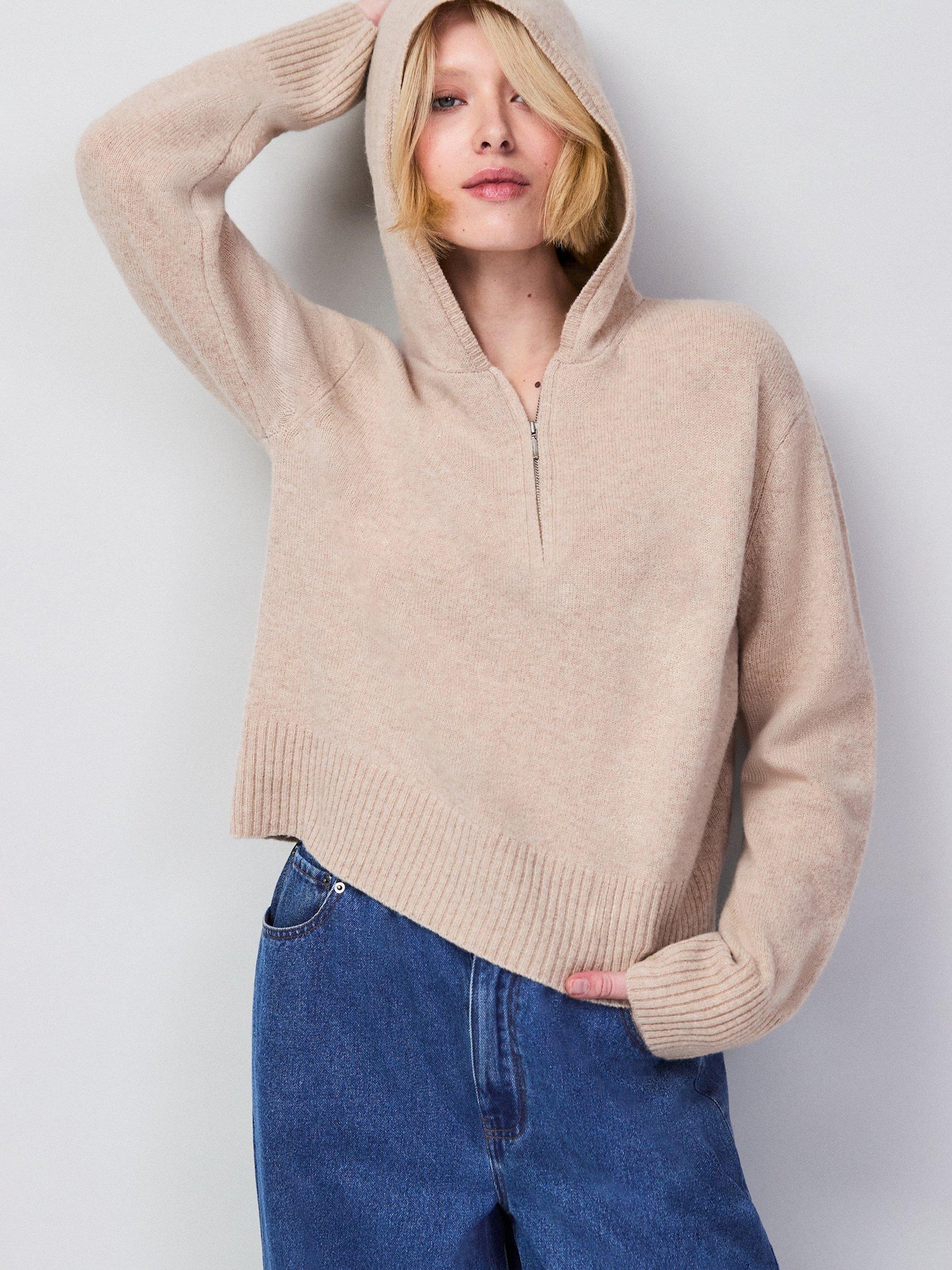 Product image 6 of 7, which shows Ro&Zo Half Zip Pure Wool Hoodie, Natural, XS
