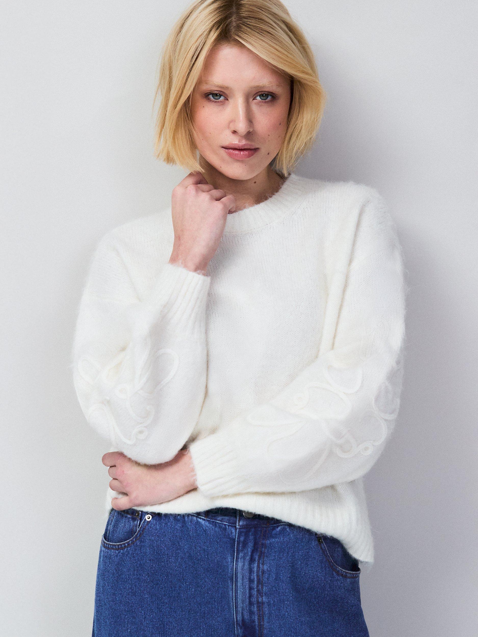 Product image 1 of 6, which shows Ro&Zo Brushed Applique Sleeve Jumper, White, XS