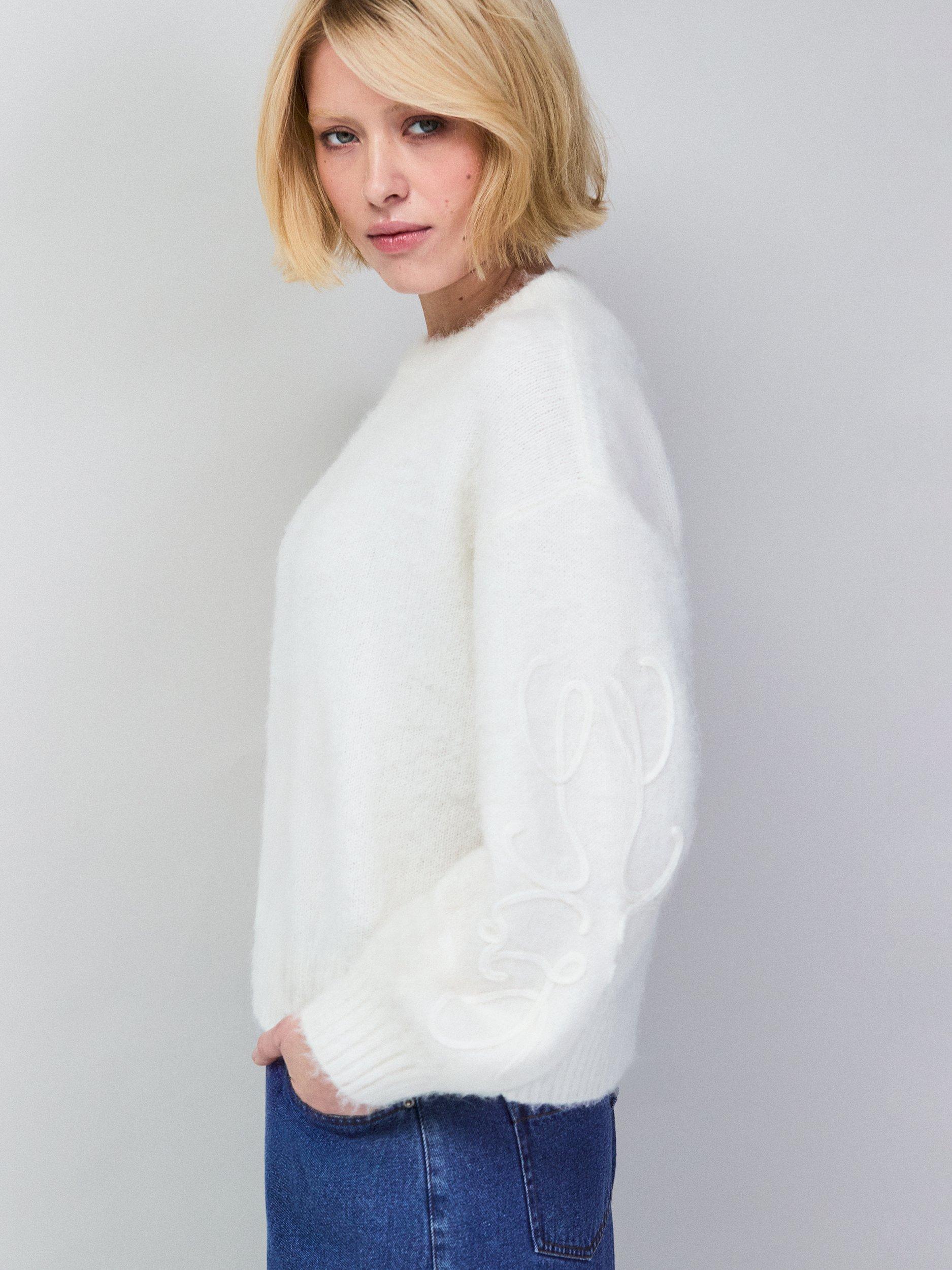 Product image 4 of 6, which shows Ro&Zo Brushed Applique Sleeve Jumper, White, XS