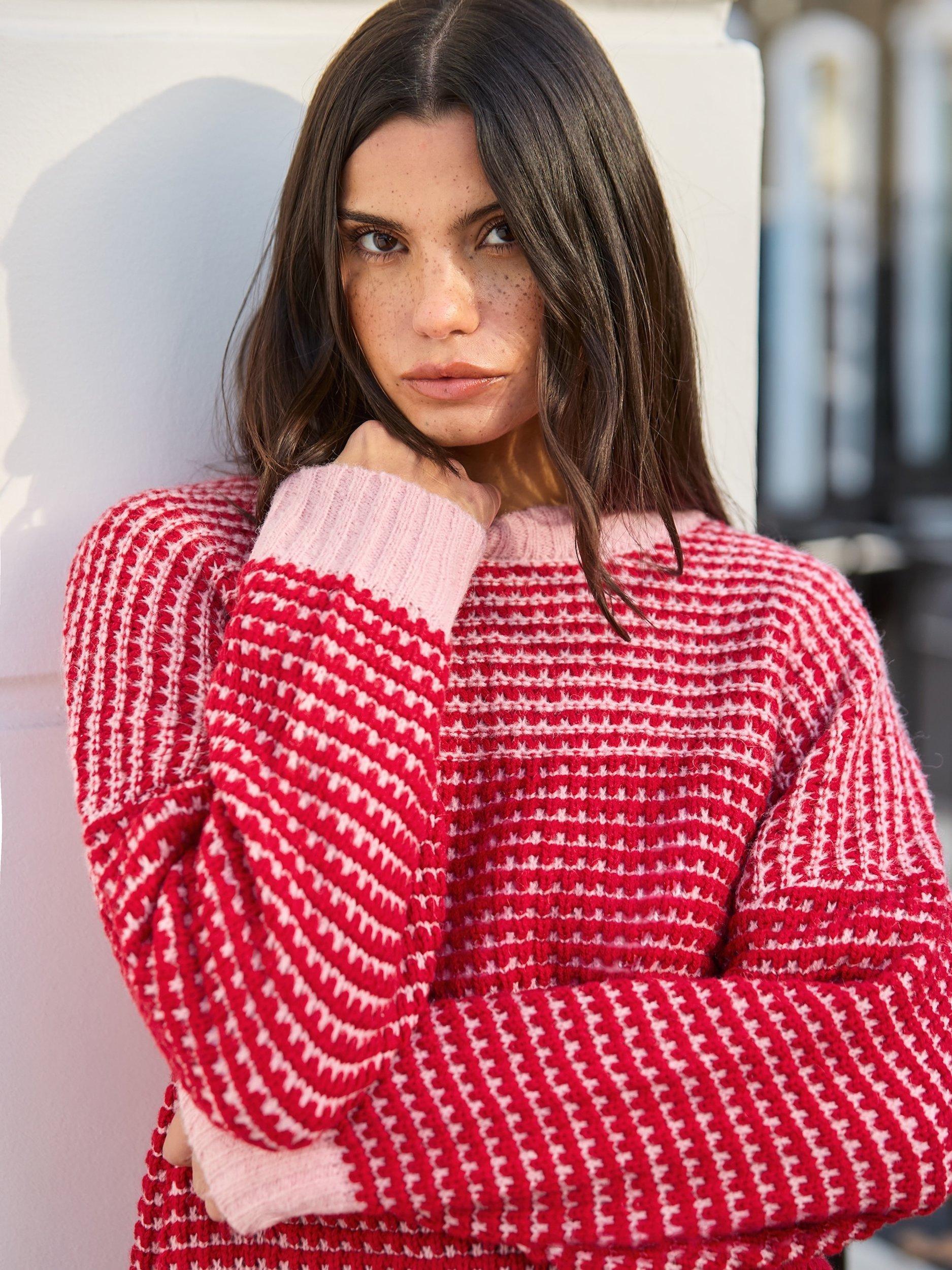 Product image 2 of 7, which shows Ro&Zo Crew Neck Contrast Stitch Jumper, Red, XS