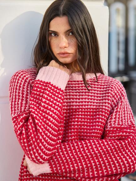 Ro&Zo Crew Neck Contrast Stitch Jumper, Red - view 2, Red