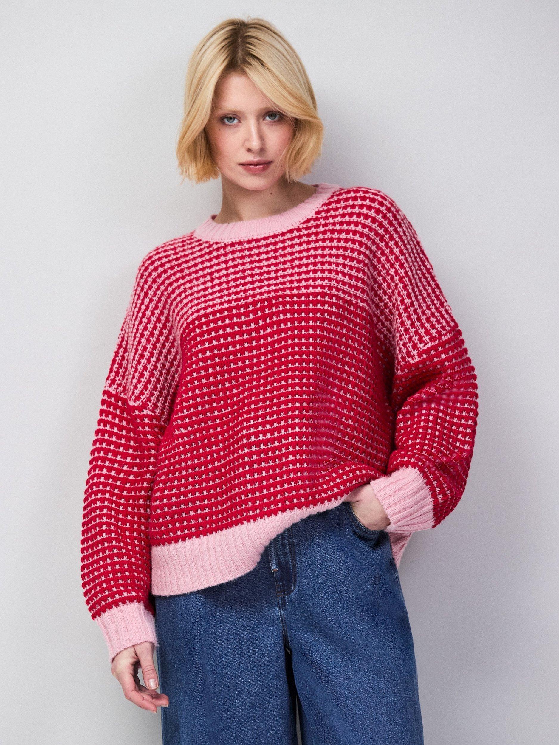 Product image 5 of 7, which shows Ro&Zo Crew Neck Contrast Stitch Jumper, Red, XS