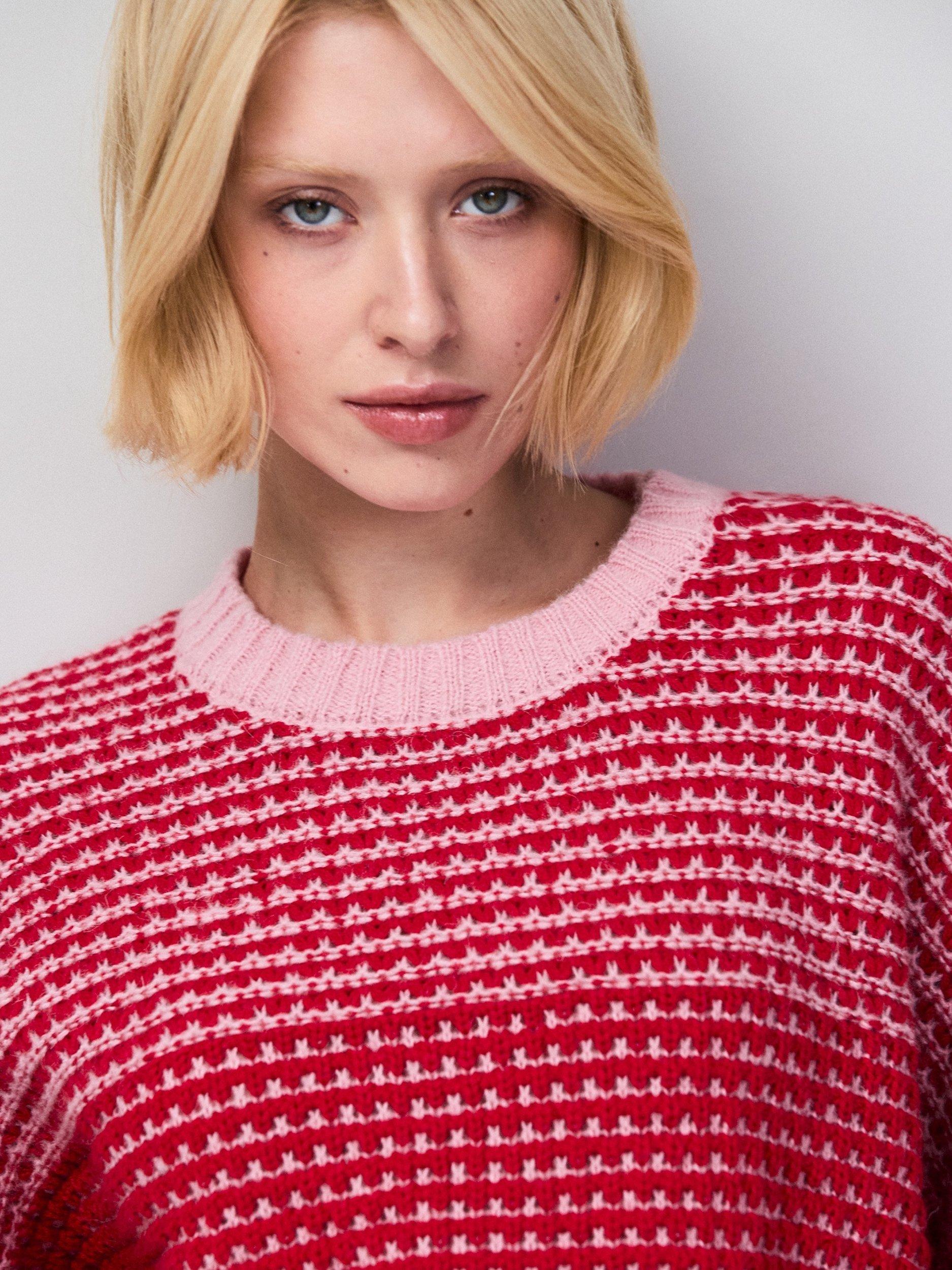 Product image 7 of 7, which shows Ro&Zo Crew Neck Contrast Stitch Jumper, Red, XS