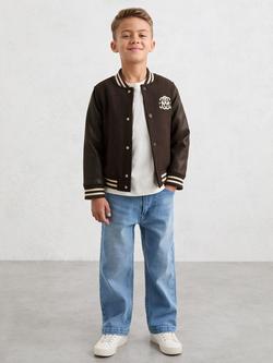 Reiss Kids' Miller Logo Bomber Jacket, Brown/Off White, Brown/Off White