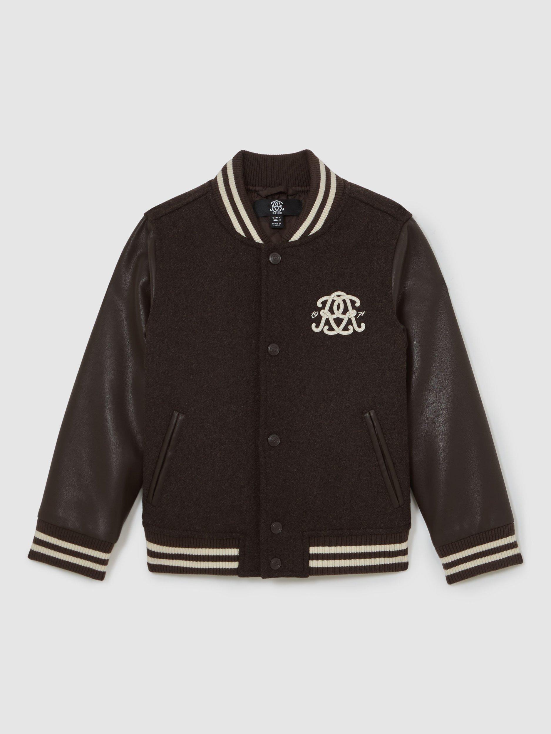 Product image 3 of 5, which shows Reiss Kids' Miller Logo Bomber Jacket, Brown/Off White, 3-4 years