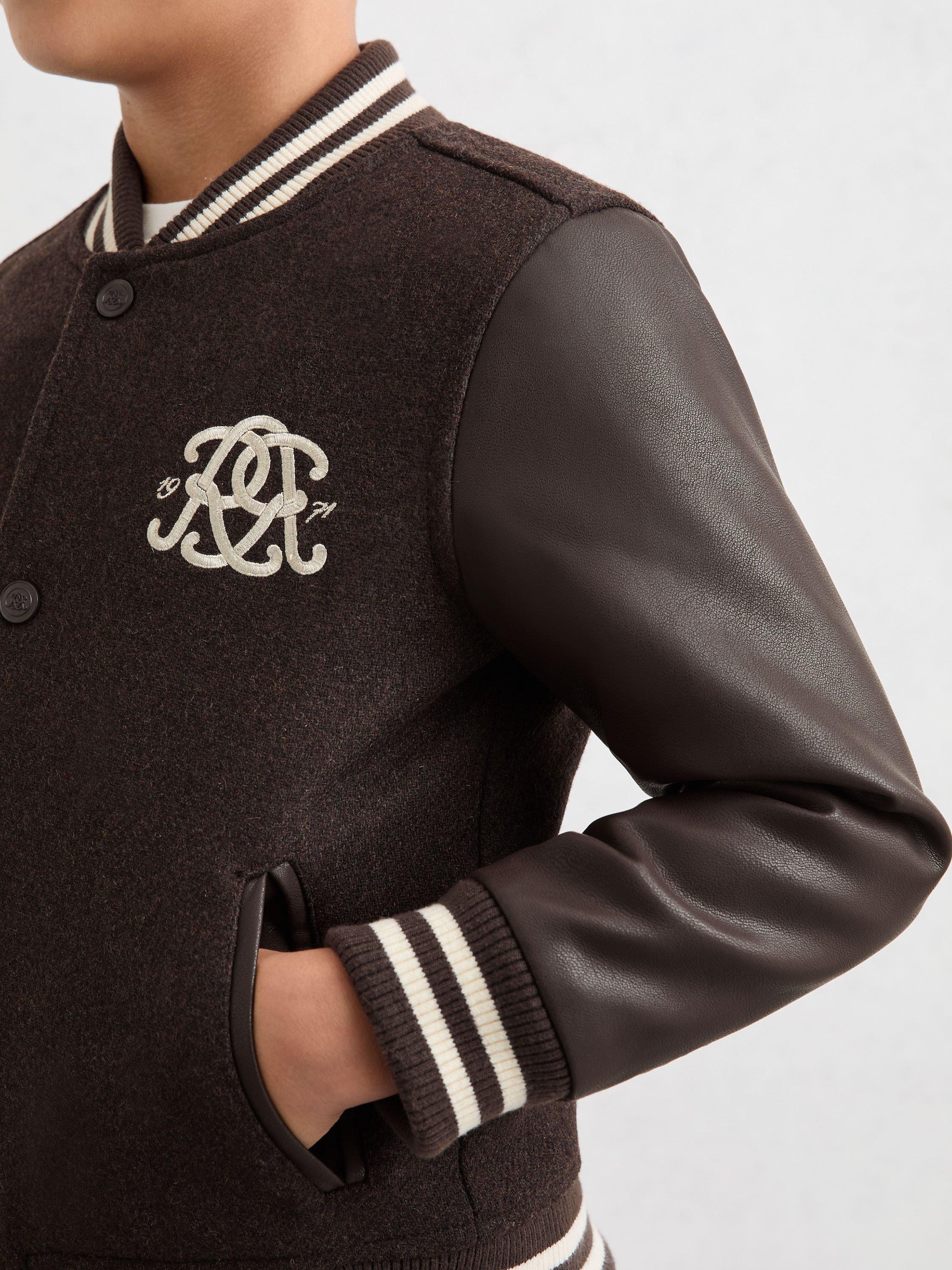 Product image 5 of 5, which shows Reiss Kids' Miller Logo Bomber Jacket, Brown/Off White, 3-4 years