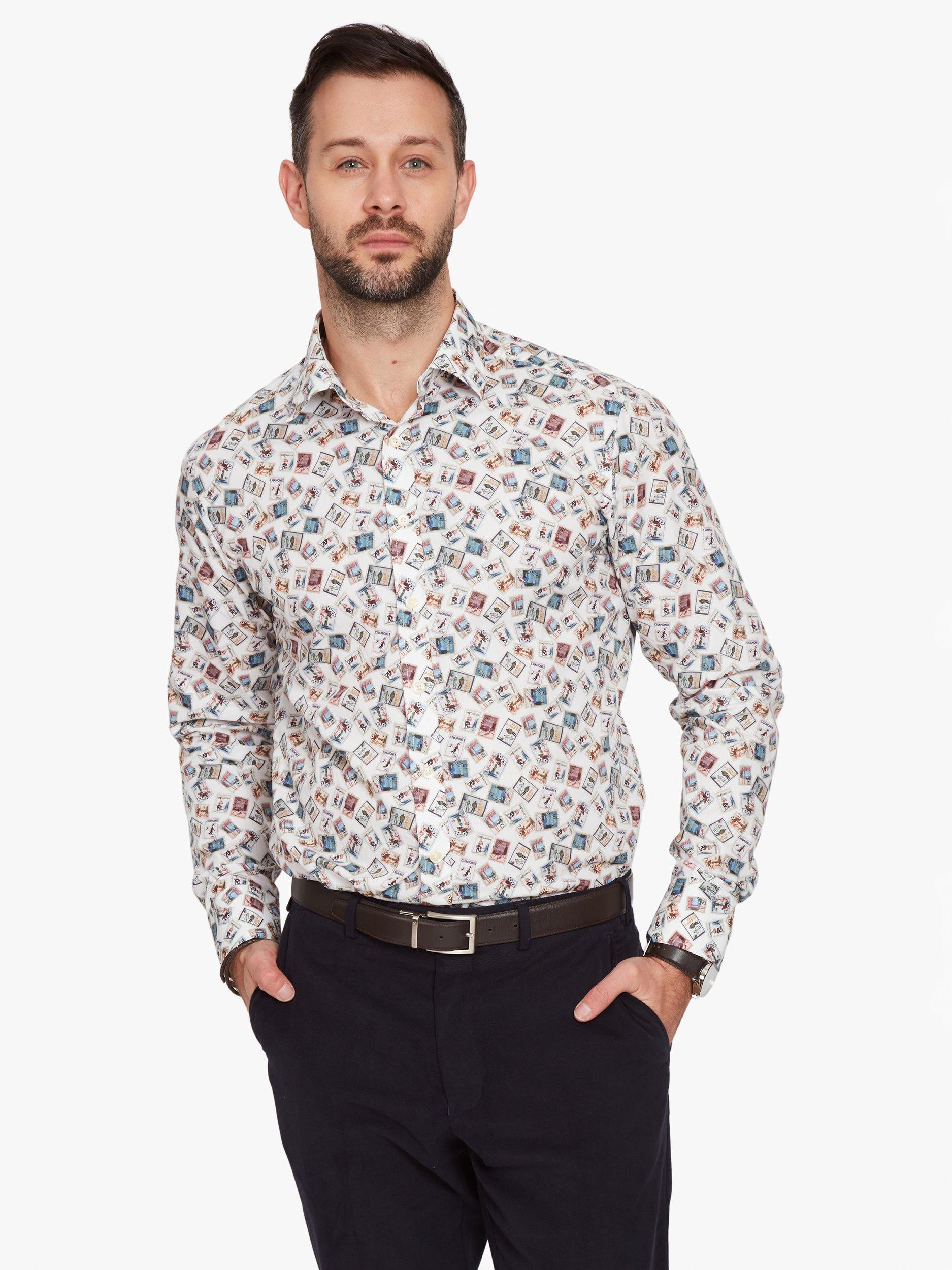 Product image 1 of 11, which shows Simon Carter Cotton Tailored Fit Ski Stamp Graphic Shirt, White Multi, 15/R