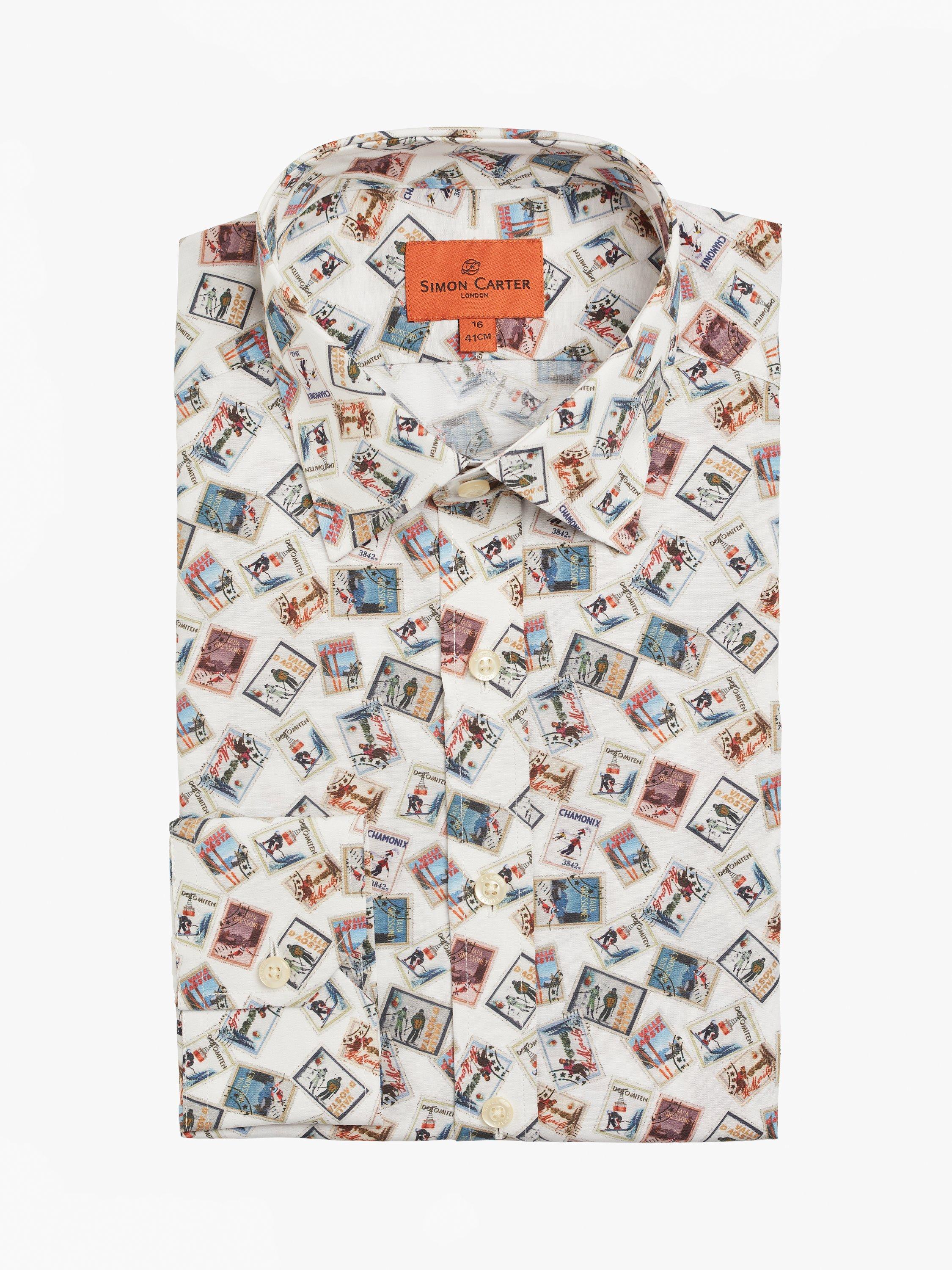 Product image 4 of 11, which shows Simon Carter Cotton Tailored Fit Ski Stamp Graphic Shirt, White Multi, 15/R