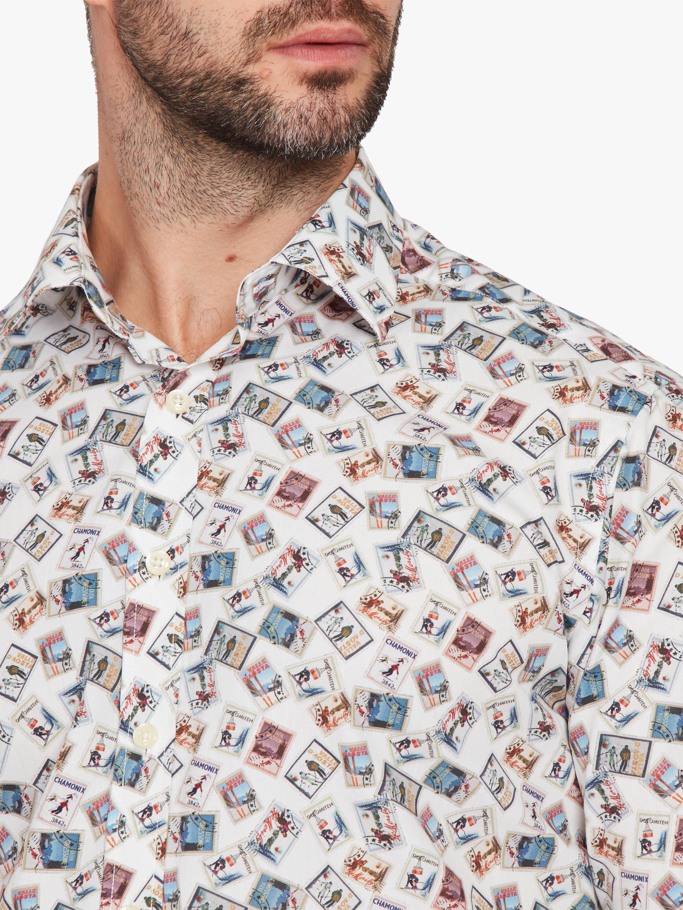 Product image 5 of 11, which shows Simon Carter Cotton Tailored Fit Ski Stamp Graphic Shirt, White Multi, 15/R