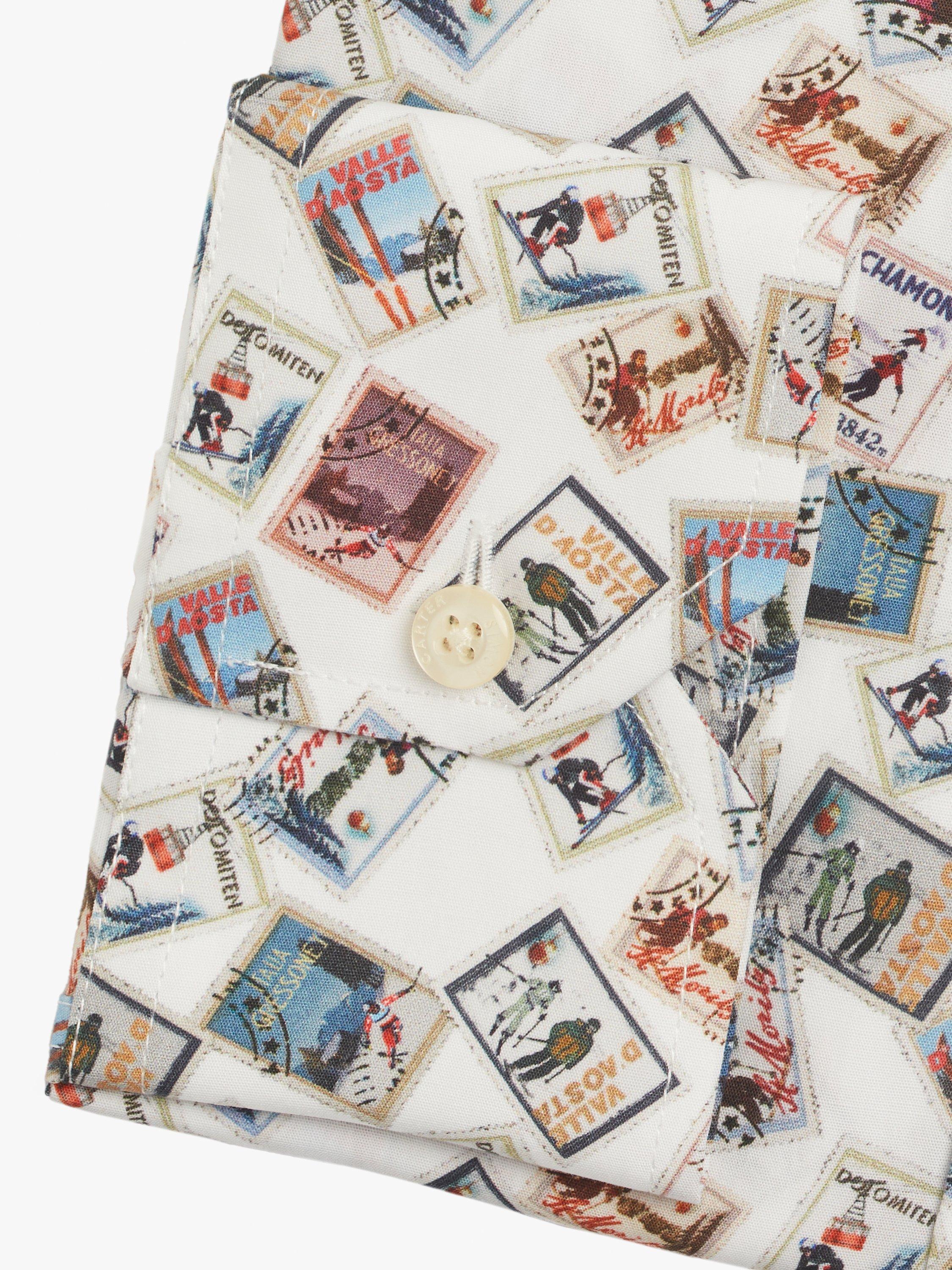 Product image 6 of 11, which shows Simon Carter Cotton Tailored Fit Ski Stamp Graphic Shirt, White Multi, 15/R