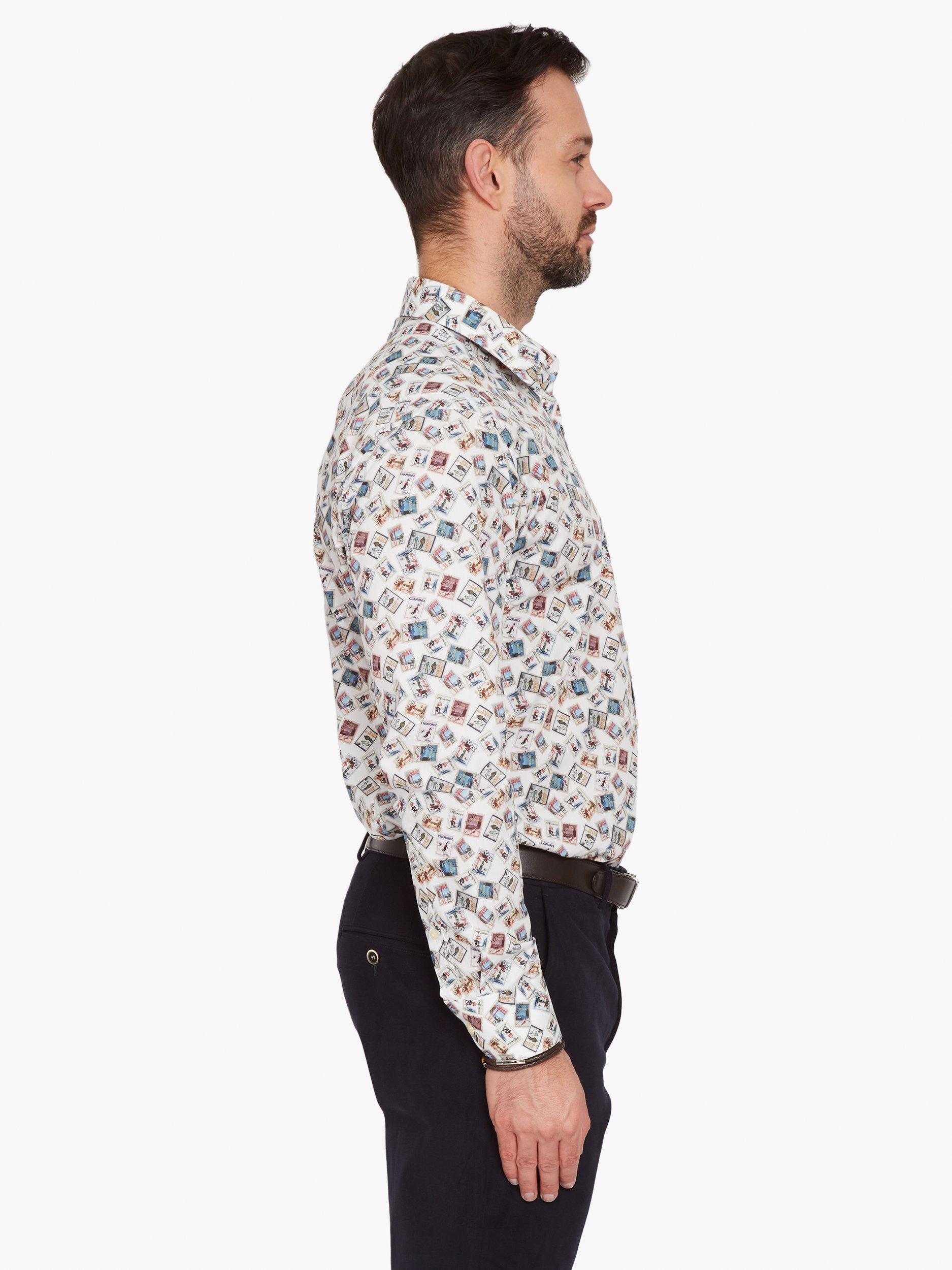 Product image 7 of 11, which shows Simon Carter Cotton Tailored Fit Ski Stamp Graphic Shirt, White Multi, 15/R