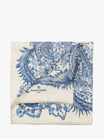 Simon Carter Silk Paisley Pocket Square, Cream Blue, Cream Blue